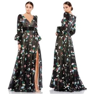 Mac Duggal Embroidered Bishop Sleeve V Neck Flowy Gown Black Multi NWT 14